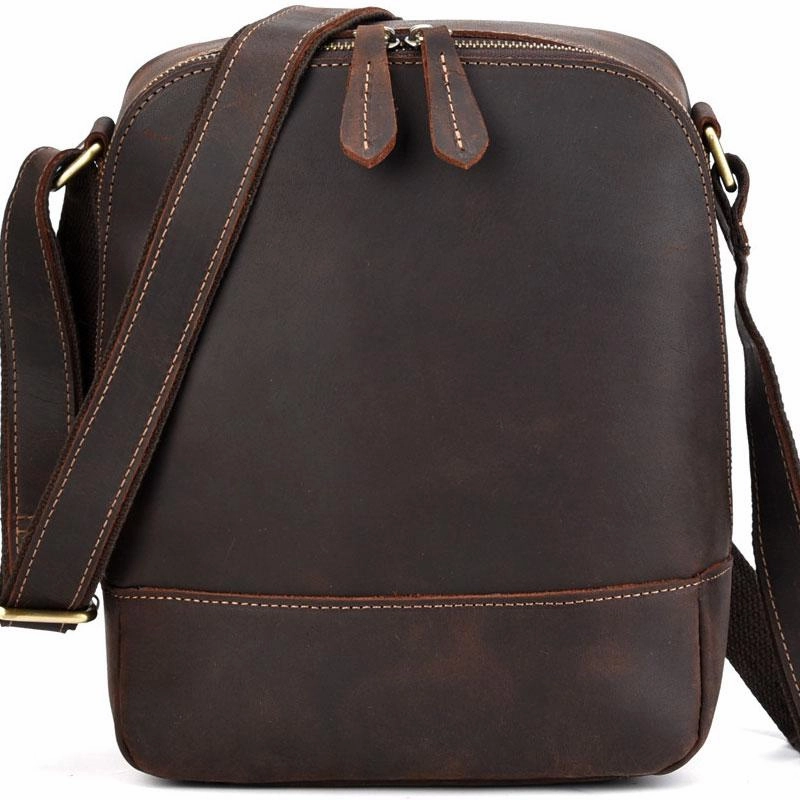 Versatile utility Street Lifestyle Cool Dark Brown Leather Mens Tablet Messenger Bag Small Side Bag Courier Bag For Men