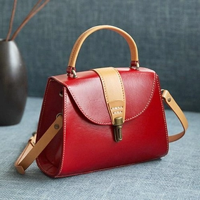 Refined Office Essential Style Handmade Women's Red Leather Handbags Purse Vintage Small Handbag Shoulder Bag Purse