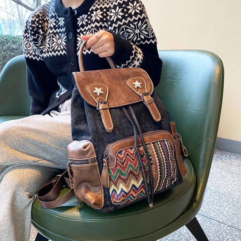 Practical Comfort Eco Friendly Easy Carry Black Gray Embroidery Canvas Backpack Boho Backpack Womens Vintage Boho Style Backpack