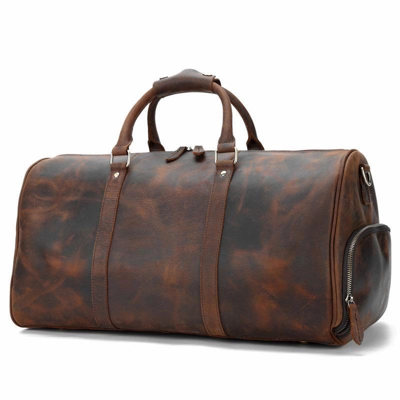 Cool Vintage Brown Leather Men Barrel Overnight Bags Travel Bags Weekender Bags For Men Slim Profile Hybrid Utility