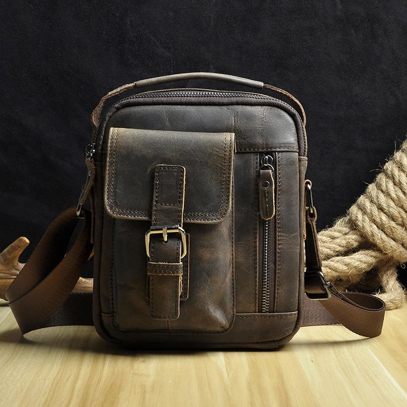 Fashion Brown Leather Mens Small Vertical Side Bag Messenger Bag Tablet Bag For Men Chic Accessory