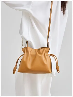 Trendy Utility Modern Function Elegant Small Cowhide Leather Shoulder Bag Crossbody Bag for Women with Drawstring Closure