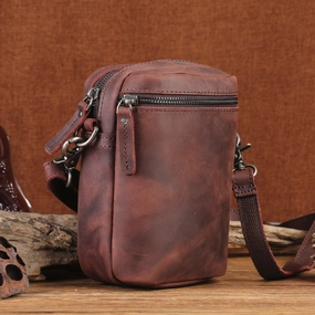 Leather Men's Brown Small Shoulder Bag Mini Side Bag Phone Messenger Bag For Men Trendy Journey