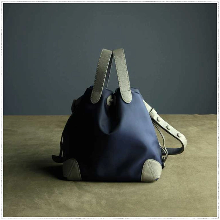 Casual accessory Lightweight accessory Cute Womens Navy&Gray NYLON Bucket Handbag Purse Barrel NYLON Shoulder Bag Crossbody Purse for Ladies