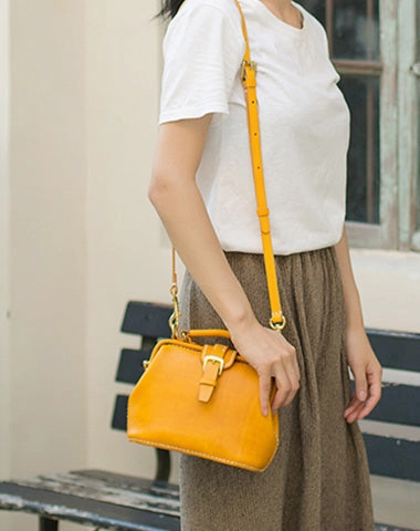 Easy Access Handmade Womens Yellow Leather Small doctor Purse Yellow shoulder doctor bags for women
