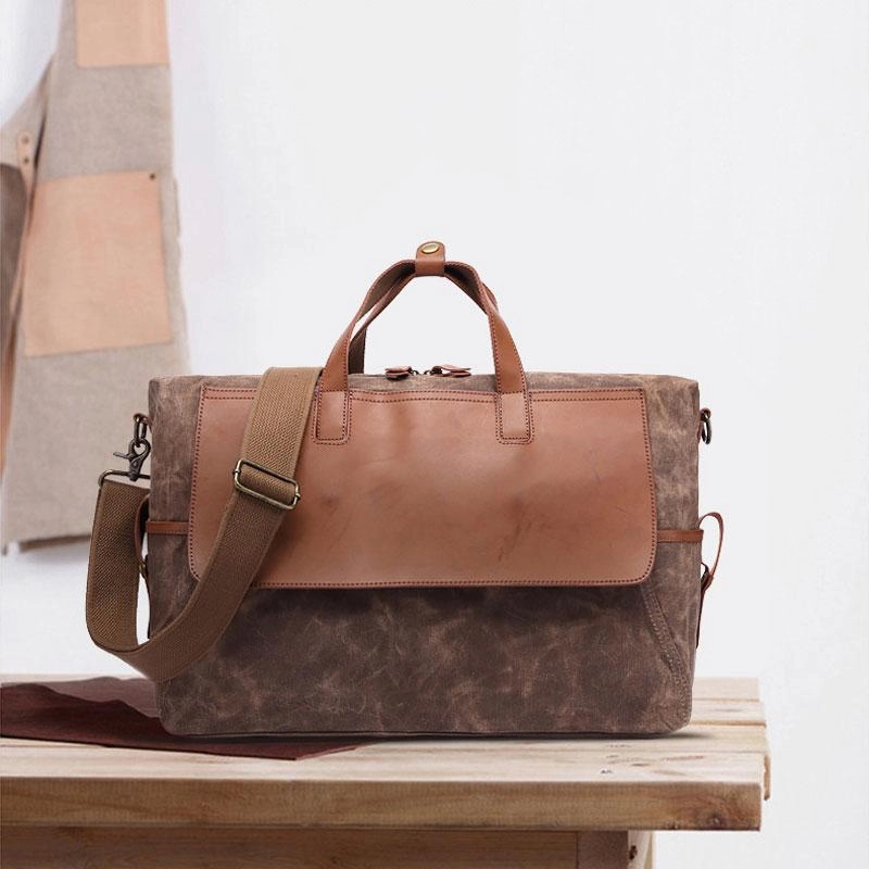 Trendy fold-over bag Mens Canvas Leather Briefcase Handbag Laptop Bag Business Bag for Men