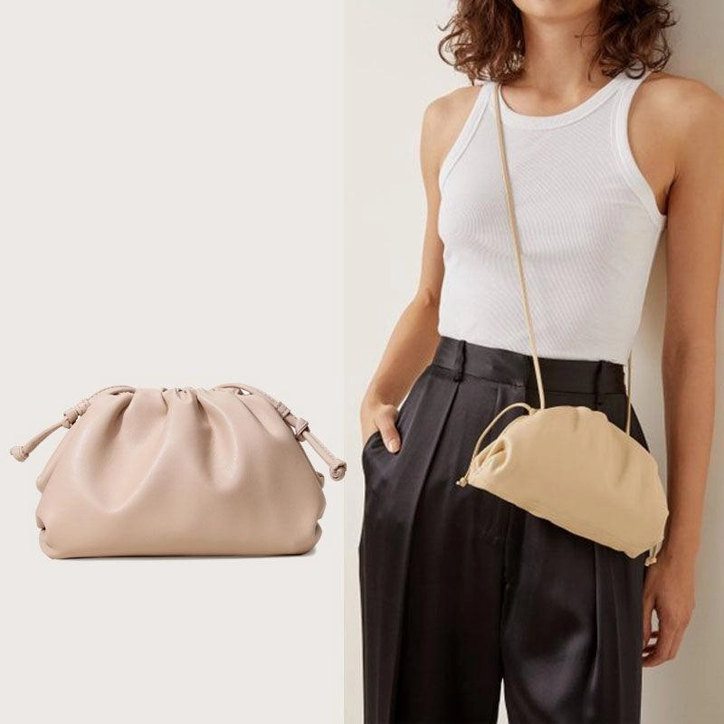 Silky Lambskin Leather Women's Cloud Bag With Pleated Design, Crossbody Clutch Party Bag Refined Craftsmanship