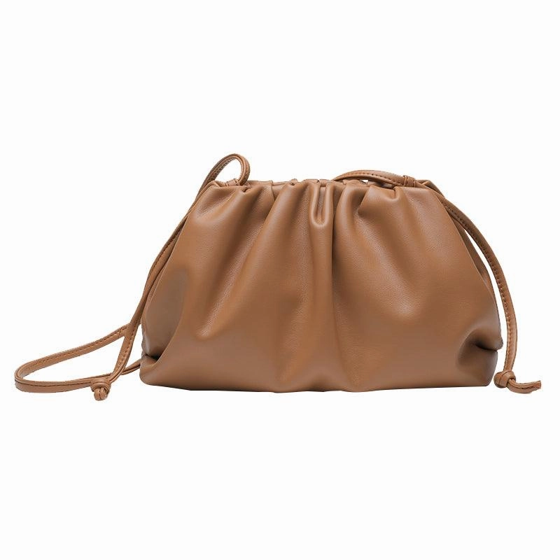Fashion Minimalism Luxury Look Silky Lambskin Leather Women's Cloud Bag With Pleated Design, Crossbody Clutch Party Bag