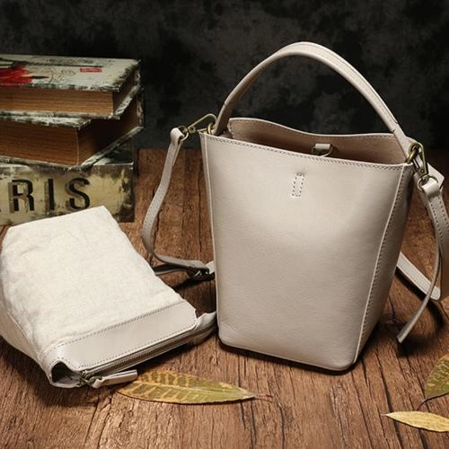 Formal Attire White Leather Bucket Shoulder Bag Bucket Handbag Brown Cross Body Barrel Bag for Ladies