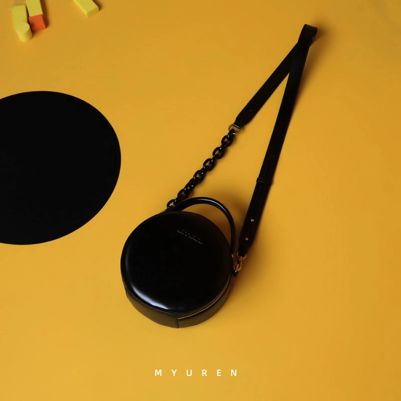 Womens Black Leather Round Handbag Small Chain Crossbody Purse Round Shoulder Bag for Women City Fashion