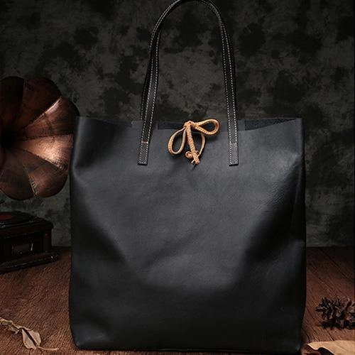 Vertical Black Leather Tote Bag 14" Womens Black Shopper Tote Handbag Purse for Ladies Weekend Outing