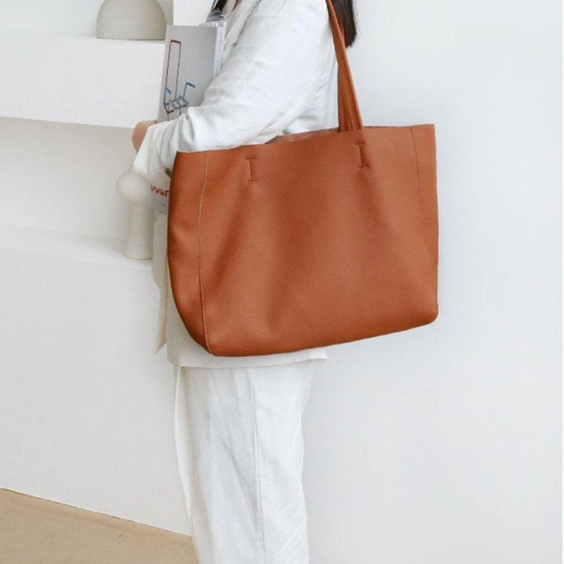 Handcrafted Leather Tote Bag ?? Grain Leather Large Tote Bag Caramel Colour, Birthday gift for her, Comfort Fit Functional Simplicity