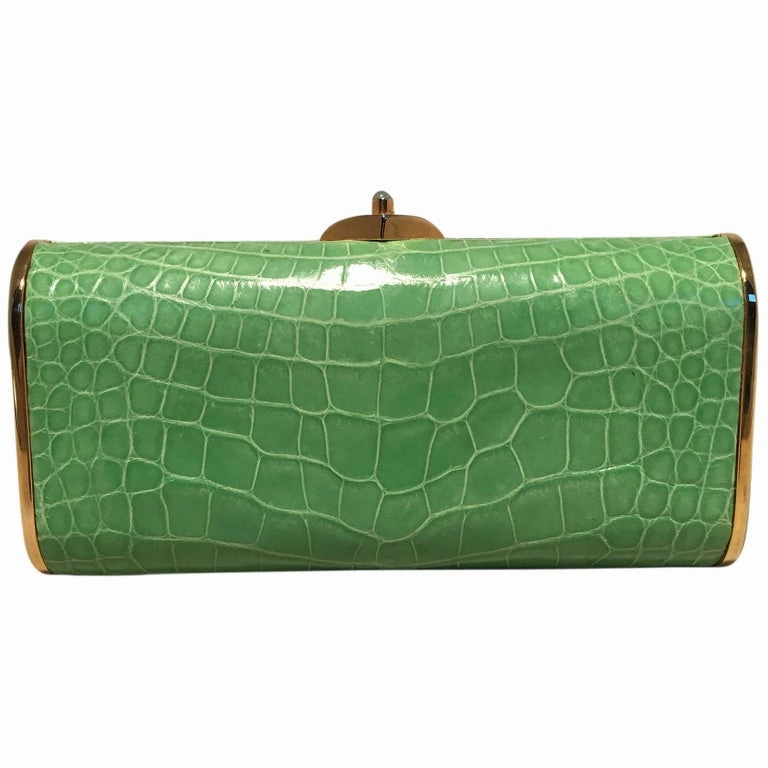 silk fabric Judith Leiber Vintage Mini Green Alligator Clutch Minaudiere
