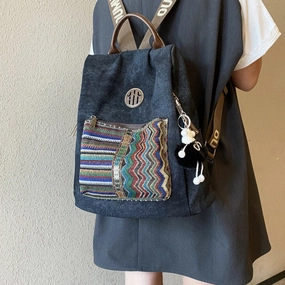Ergo Comfort Boho Style Backpack Womens Canvas Backpack Vintage Black Gray Embroidery Boho Backpack Light Comfort