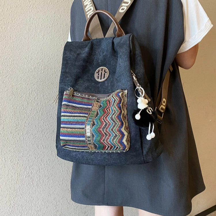 Ergo Comfort Boho Style Backpack Womens Canvas Backpack Vintage Black Gray Embroidery Boho Backpack Light Comfort
