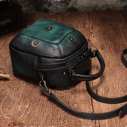 Compact Organizer Soft Leather Design Green Geometric Vintage Womens Leather Round Brown Handbag Box Shoulder Bag Purse for Ladies