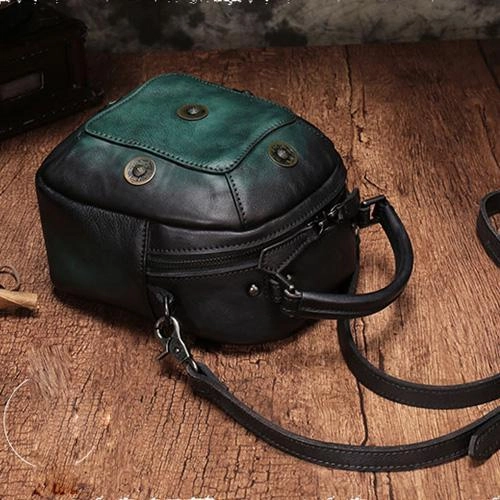 Casual Daily Vacation Gear Green Geometric Vintage Womens Leather Round Brown Handbag Box Shoulder Bag Purse for Ladies