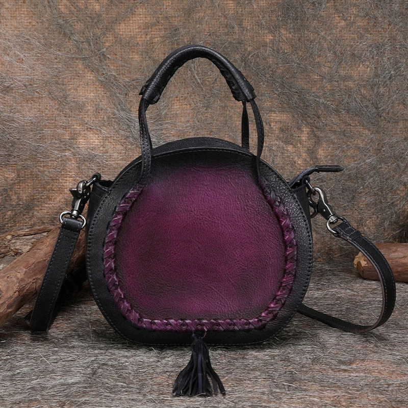 Womens Green Leather Round Handbag Purses with Tassels Vintage Handmade Round Shoulder Bag Crossbody Handbag for Women Everyday Companion Comfortable Style