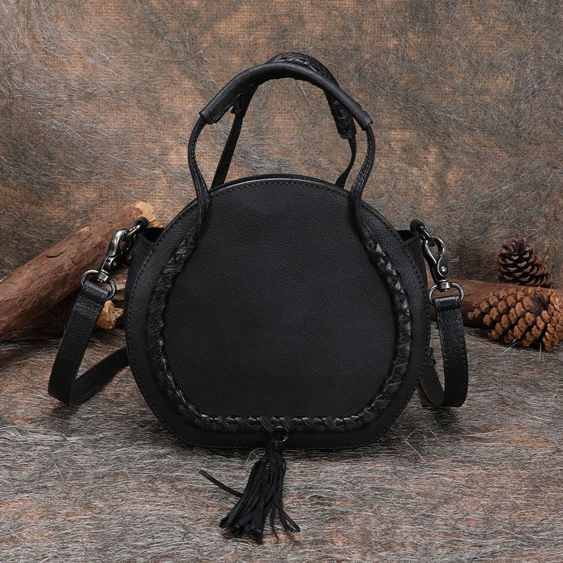 Office Style Womens Green Leather Round Handbag Purses with Tassels Vintage Handmade Round Shoulder Bag Crossbody Handbag for Women