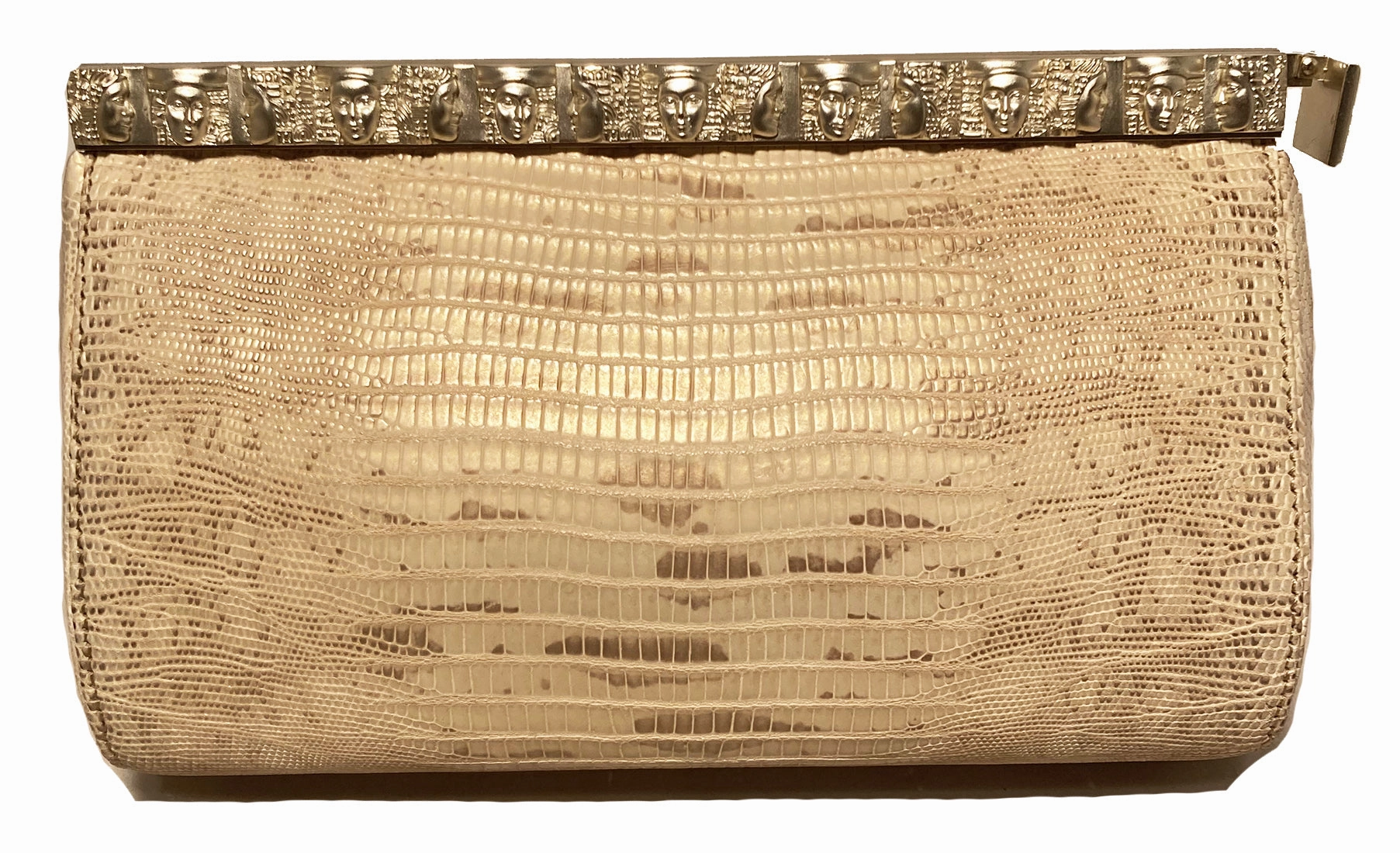 Barry Kieselstein Cord Beige Gold Lizard Egyptian Goddess Clutch Glam Accent