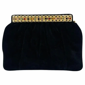 Elegant Outfit Event Ready Judith Leiber Black Suede Gemstone Top Clutch