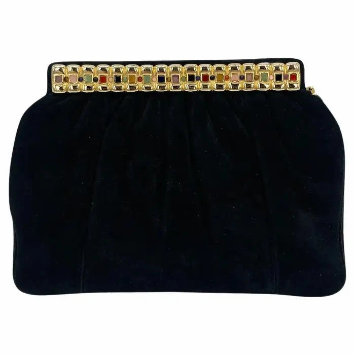 Elegant Outfit Event Ready Judith Leiber Black Suede Gemstone Top Clutch