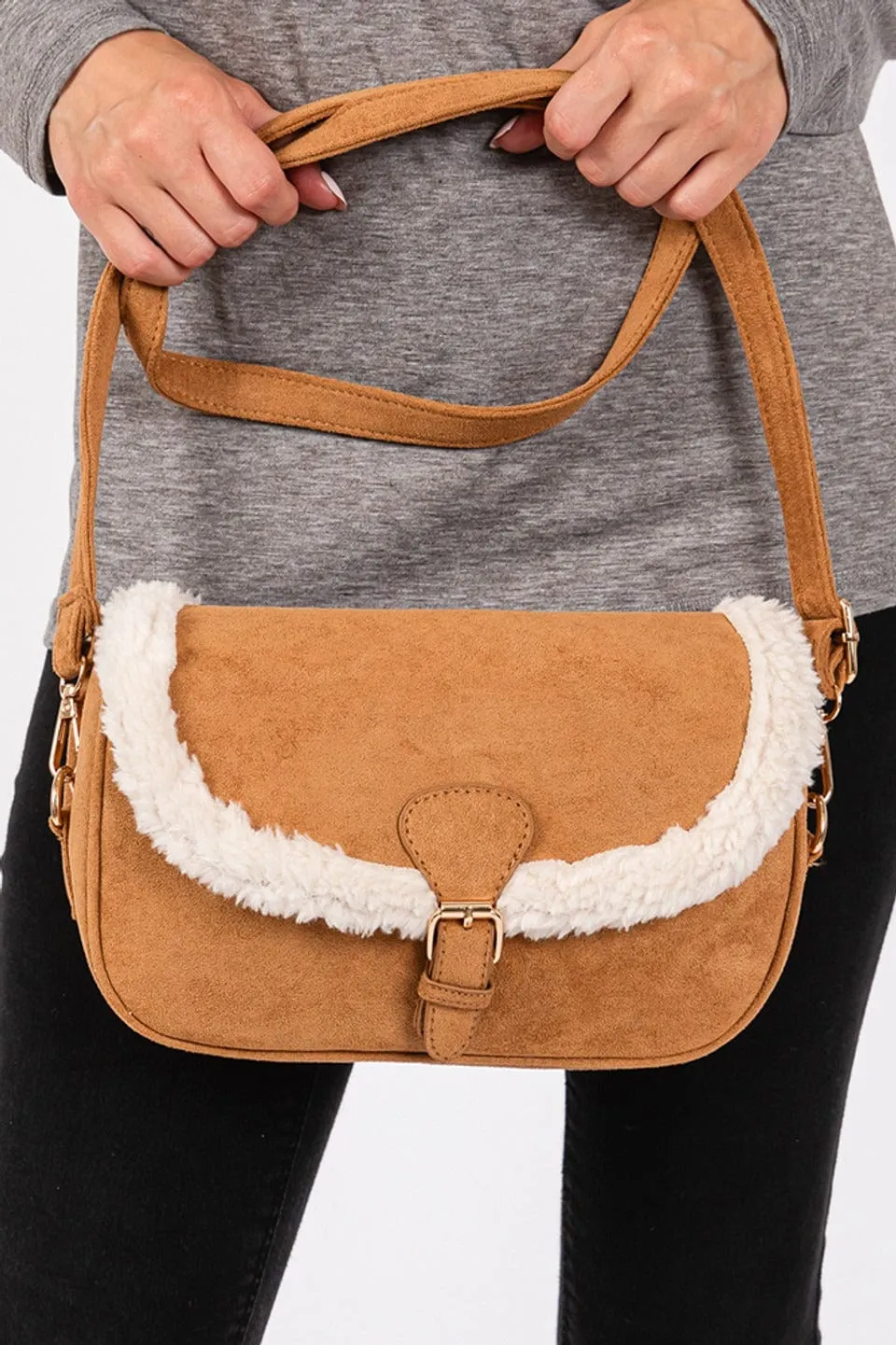 MB0261 Sherpa Trimmed Faux Suede Crossbody Bag Functional design ensures all your items are easily accessible Elegant Minimal Design