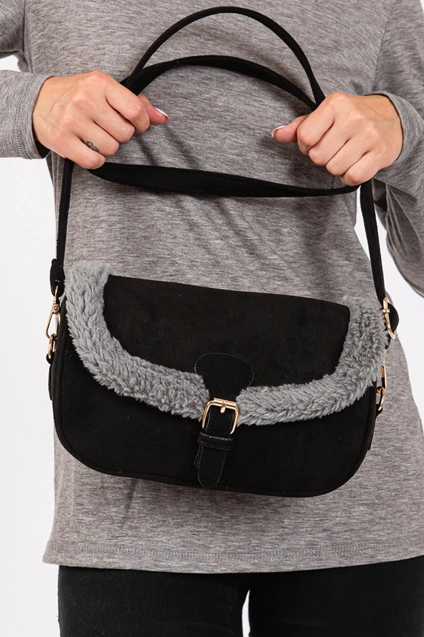 Lightweight Everyday MB0261 Sherpa Trimmed Faux Suede Crossbody Bag