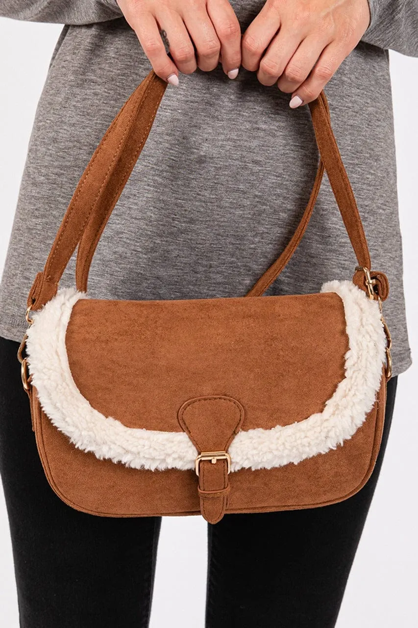 Effortless Travel MB0261 Sherpa Trimmed Faux Suede Crossbody Bag