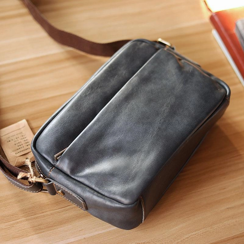 Black Leather Mens Casual Small Courier Bags Messenger Bags Gray Postman Bag For Men Adjustable Strap