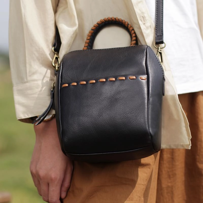 Stylish Womens White Leather Bucket Handbag Black Shoulder Bag Vertical Purses for Ladies Daily Use Essential