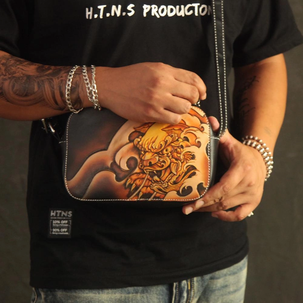Simple Function Cool Handmade Chinese Lion Tooled Leather Small Postman Bag Messenger Bag Courier Bag For Men