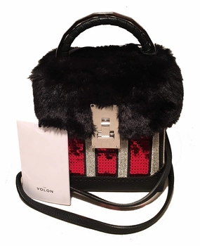 NWT The Volon Red Sequin & Black Fur Great Box Bag Velvet Finish Lightweight Design