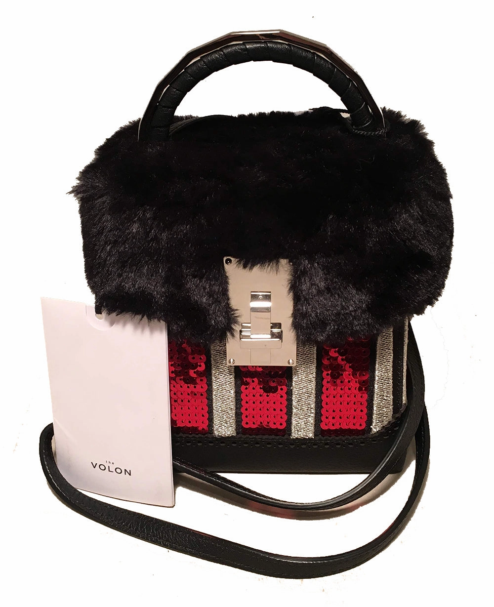 NWT The Volon Red Sequin & Black Fur Great Box Bag Velvet Finish Lightweight Design