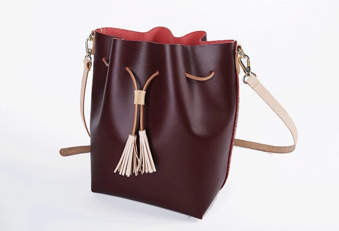 Cute Handmade Leather Womens Bucket Shoulder Bag Barrel Crossbody Purse for Women Workwear Accessory