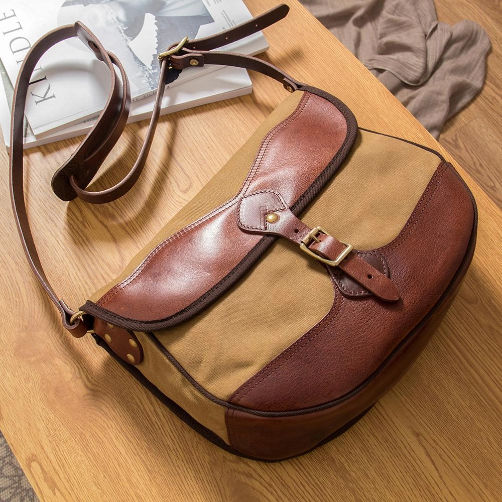 Canvas Leather Mens Casual Khaki Shoulder Bag Saddle Courier Bag Side Bag Messenger Bag for Men Sustainable Choice Secure Closure