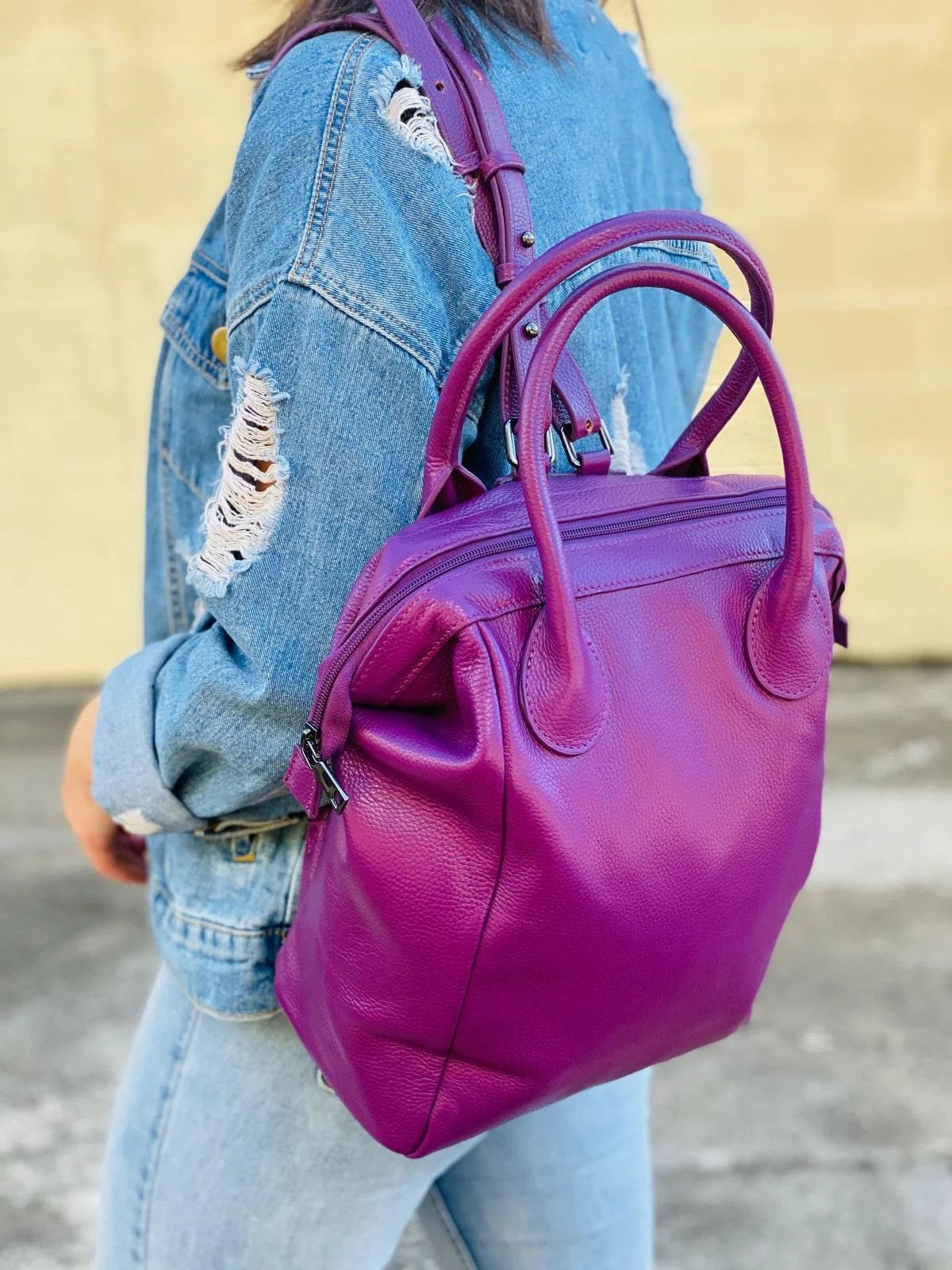 Italian Grain Leather Back Bag Purple, Leather Minimalist Backpack, Lady Fashion Bag, Travel Pack Bag, Must-Have Designer Bag, Gift For Her Adventure Performance Design Travel Utility