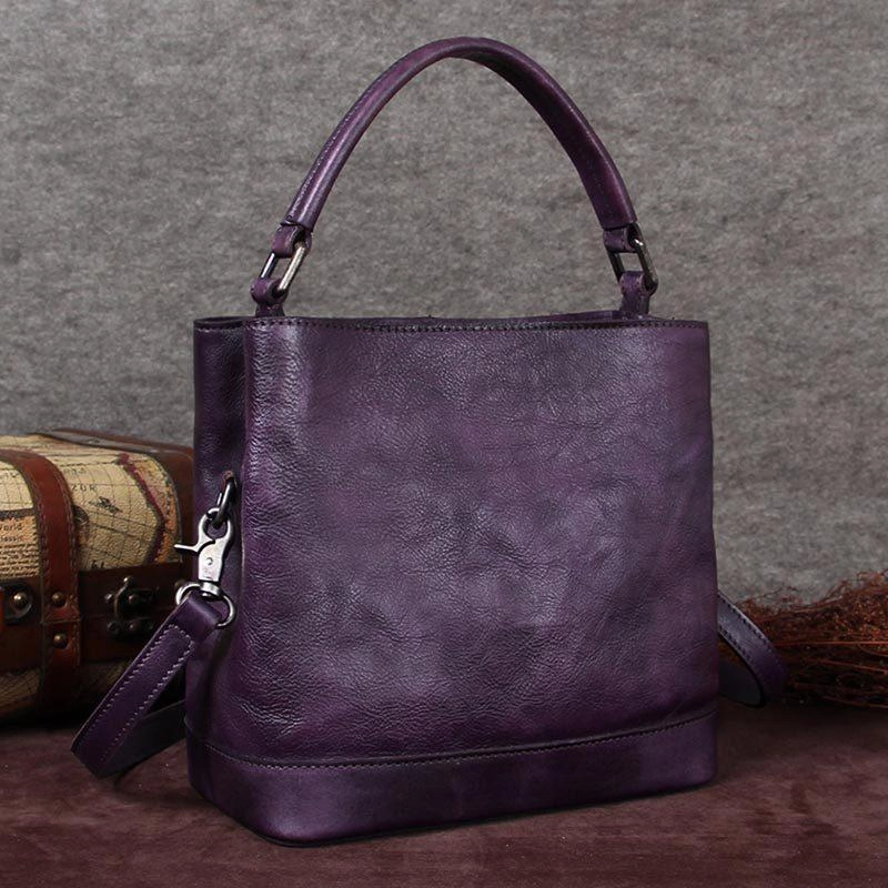 Purple Genuine Leather Womens Bucket Handbags Barrel Shoulder Bag Purses for Ladies Stylish Everyday Look Practical Outfit Accessory