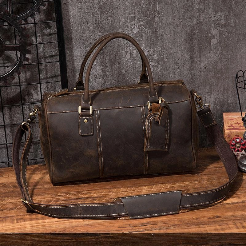 Cool Coffee Leather Mens Weekender Bags Vintage Travel Bags Duffle Bag for Men Strong Structure Travel-Friendly Organization