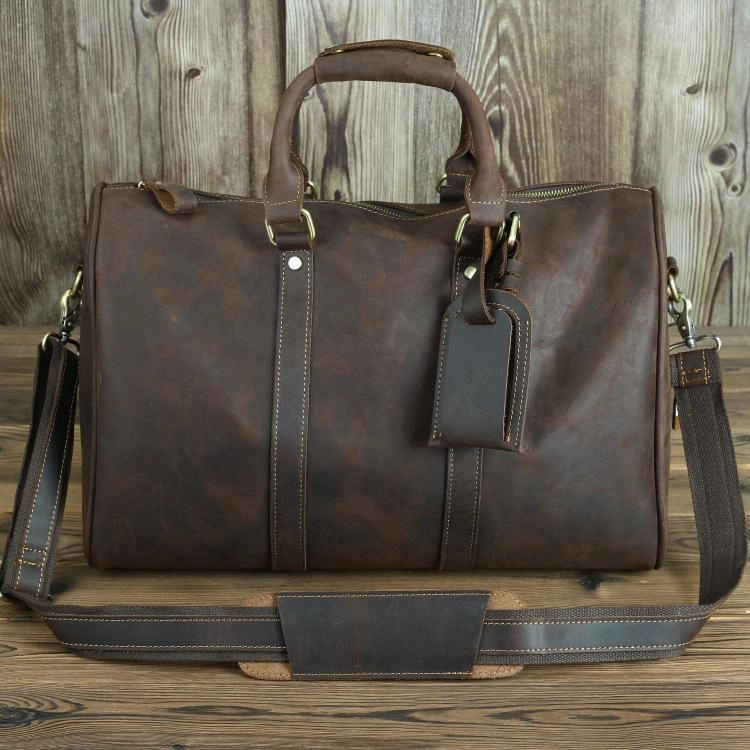 beach volleyball Comfortable Grip Brown Leather Men's 14 inches Overnight Bag Travel Bag Luggage Weekender Bag For Men