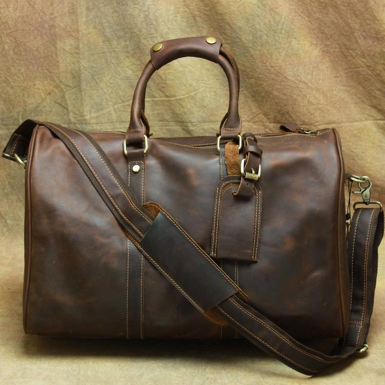 Brown Leather Men's 14 inches Overnight Bag Travel Bag Luggage Weekender Bag For Men Back Sleeve