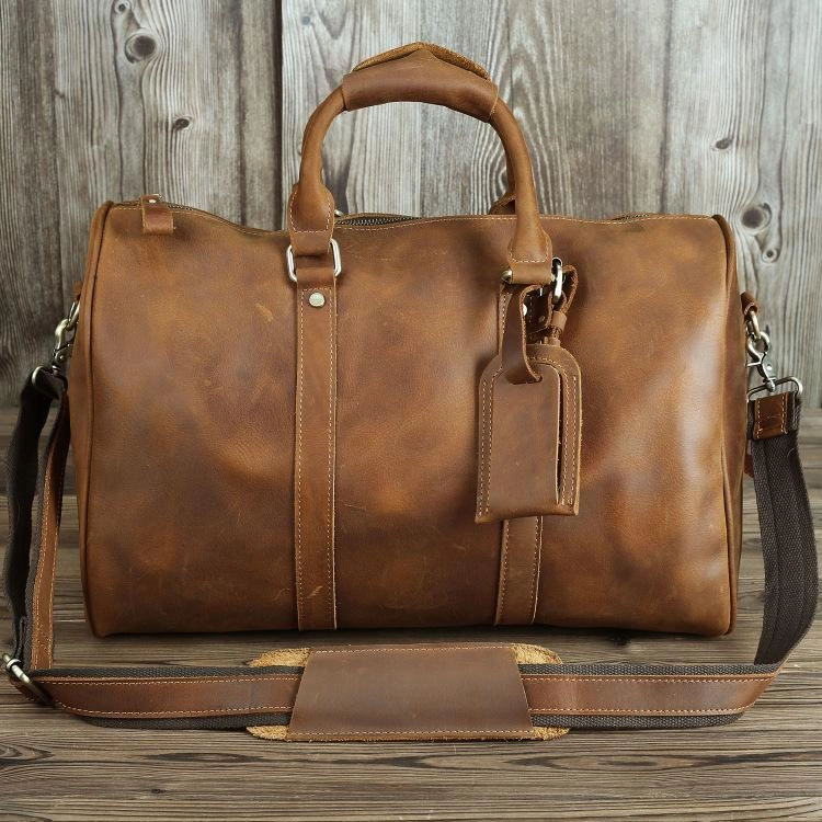 Brown Leather Men's 14 inches Overnight Bag Travel Bag Luggage Weekender Bag For Men strong style