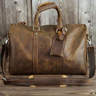 Wedding Day Brown Leather Men's 14 inches Overnight Bag Travel Bag Luggage Weekender Bag For Men
