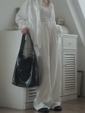 Smart Organizer Soft Oil Wax Bucket Shoulder Bag | Minimalist Leather Large Tote Bag With Wide Strap