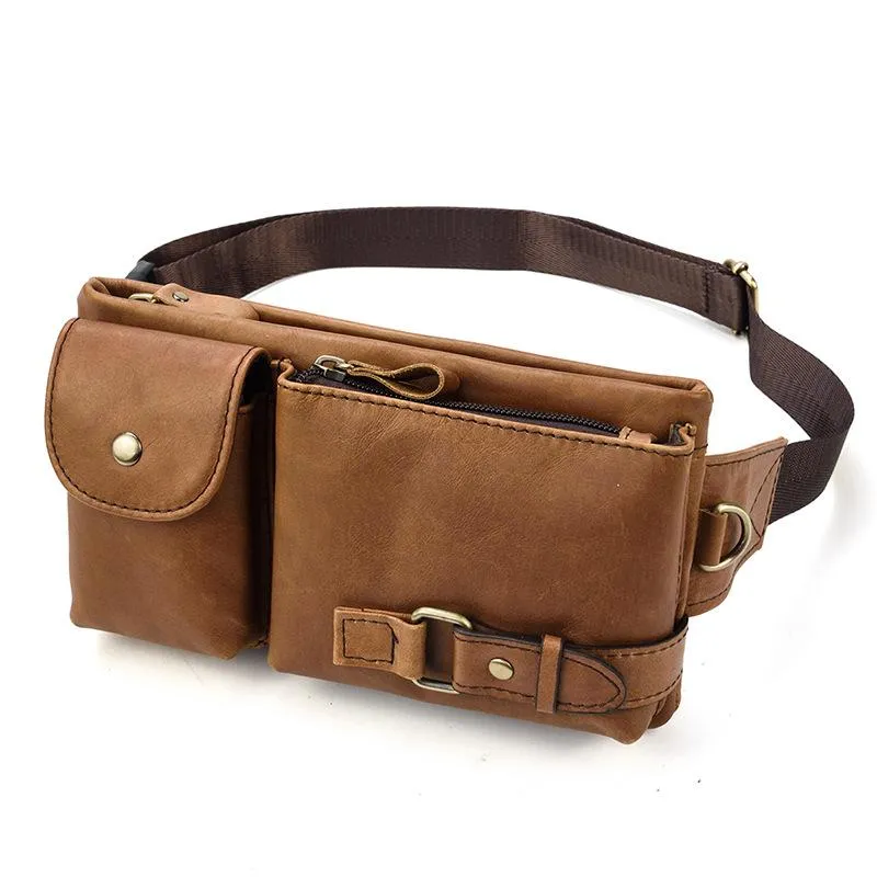 Refined Harmony Fashion Brown Leather Men's Fanny Pack Black Hip Pack Waist Bag For Men