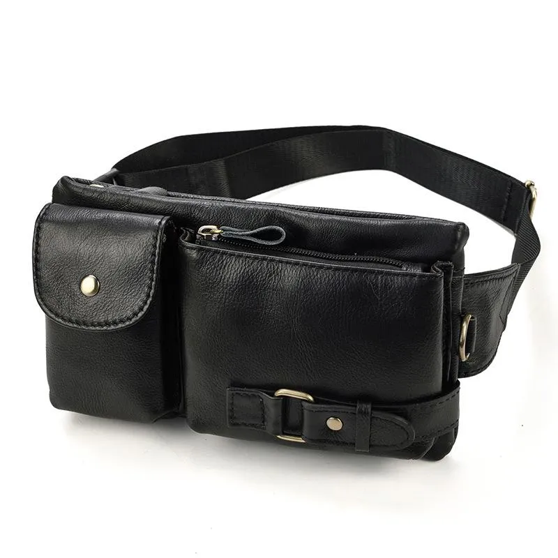 Classic Look Convenient card keeper Fashion Brown Leather Men's Fanny Pack Black Hip Pack Waist Bag For Men