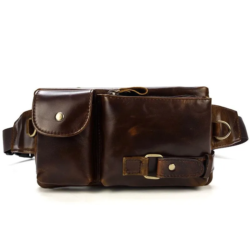 Fine Stitching Elegant Simplicity Fashion Brown Leather Men's Fanny Pack Black Hip Pack Waist Bag For Men
