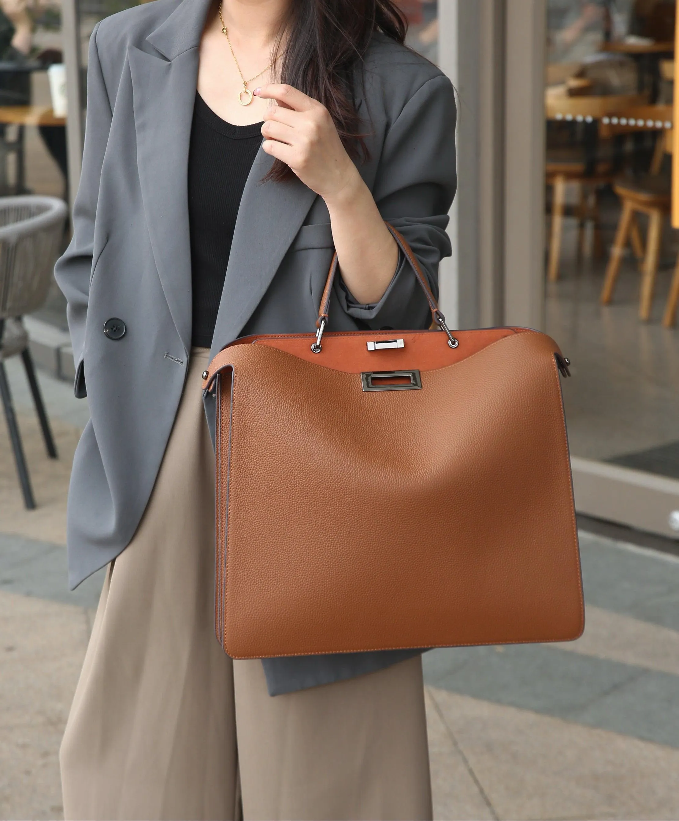 Luxury Togo Leather Structured Brief Tote, Unisex Shoulder Bag & Handbag, Laptop Bag Casual accessory