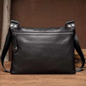 Fashion Black Leather 10 inches Mens Courier Bag Messenger Bags Postman Bag for Men Simple Gear