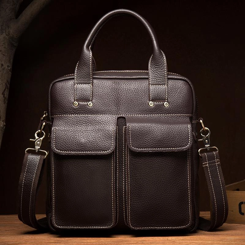Trendy Journey Fashion Black Leather 12 inches Vertical Briefcase Work Shoulder Bag Black Messenger Bag Computer Work Bag for Men